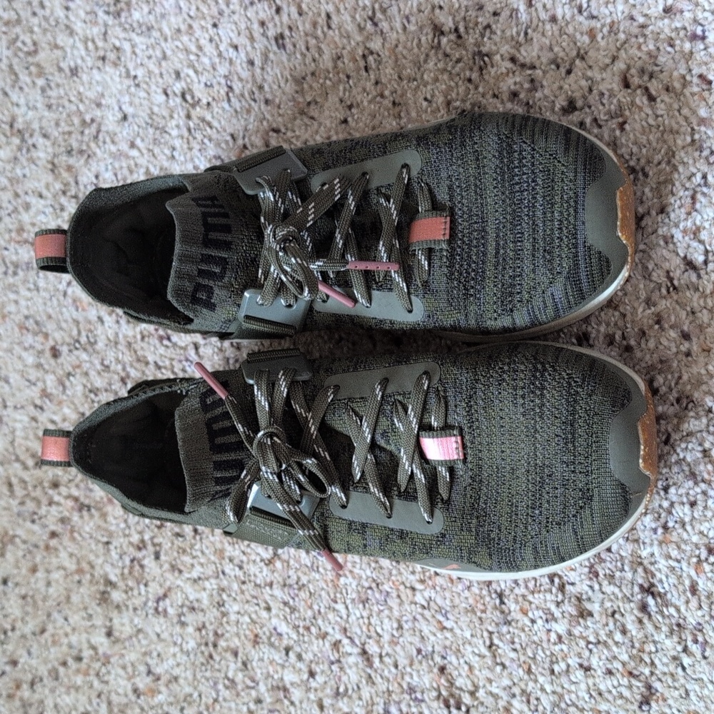 Puma Olive Knit Sneakers with Pink Rose Dold Accents